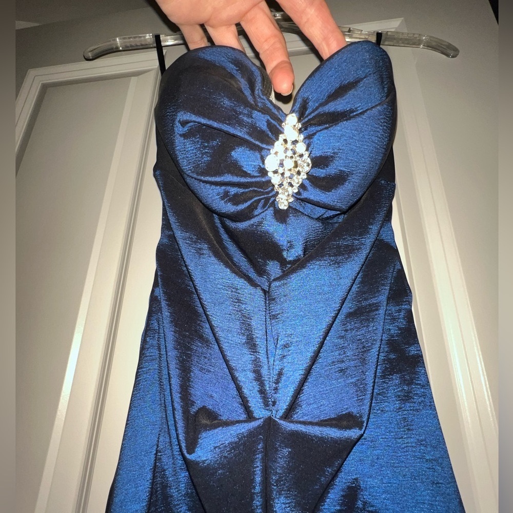 Royal blue ruched evening gown ( strapless) with rhinestone brooch on bodice